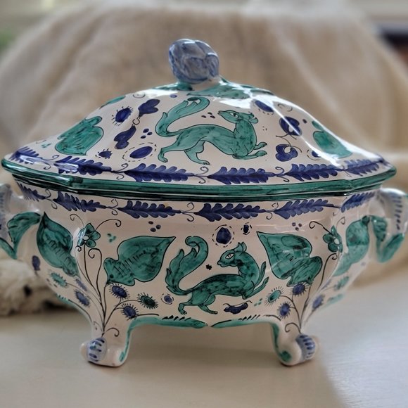 Early 21st Century Hand Painted Italian Soup Tureen with Artichoke Finial Lid